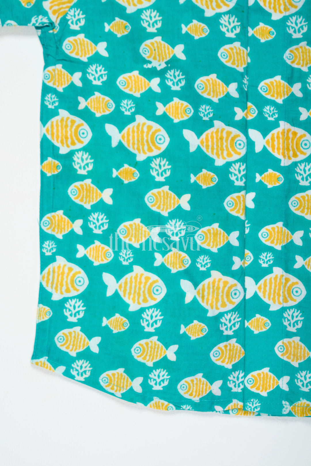 The Nesavu Boys Cotton Shirt Green Boys Cotton Shirt with Fish Print Half Sleeves Fun and Vibrant for Playdates Nesavu Green Fish Print Boys Cotton Shirt Nesavu Fun Half Sleeves Casual Wear Playdates