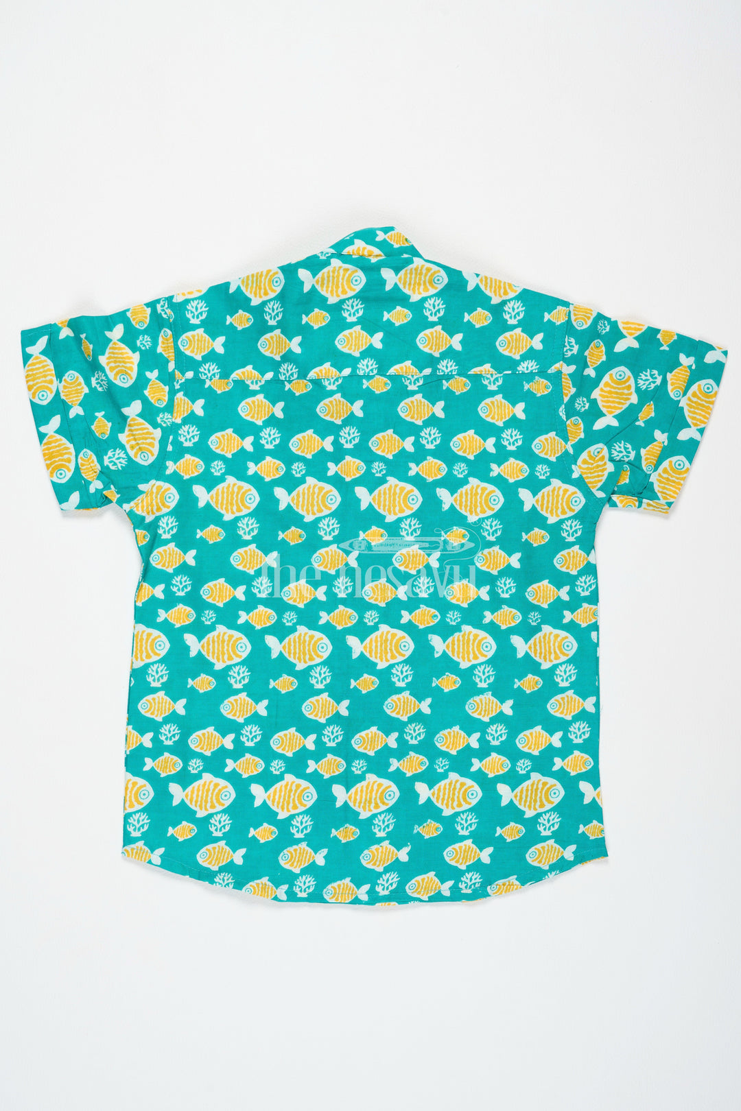 The Nesavu Boys Cotton Shirt Green Boys Cotton Shirt with Fish Print Half Sleeves Fun and Vibrant for Playdates Nesavu Green Fish Print Boys Cotton Shirt Nesavu Fun Half Sleeves Casual Wear Playdates