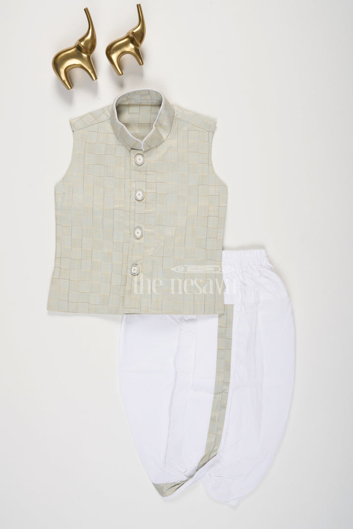 The Nesavu Boys Dothi Set Green Boys Dhoti Set with Light Checkered Vest for Infants Nesavu 12 (3M) / Green BES571C-12 Green Infant Boys Dhoti Set Checkered Vest White Pants Cultural Events