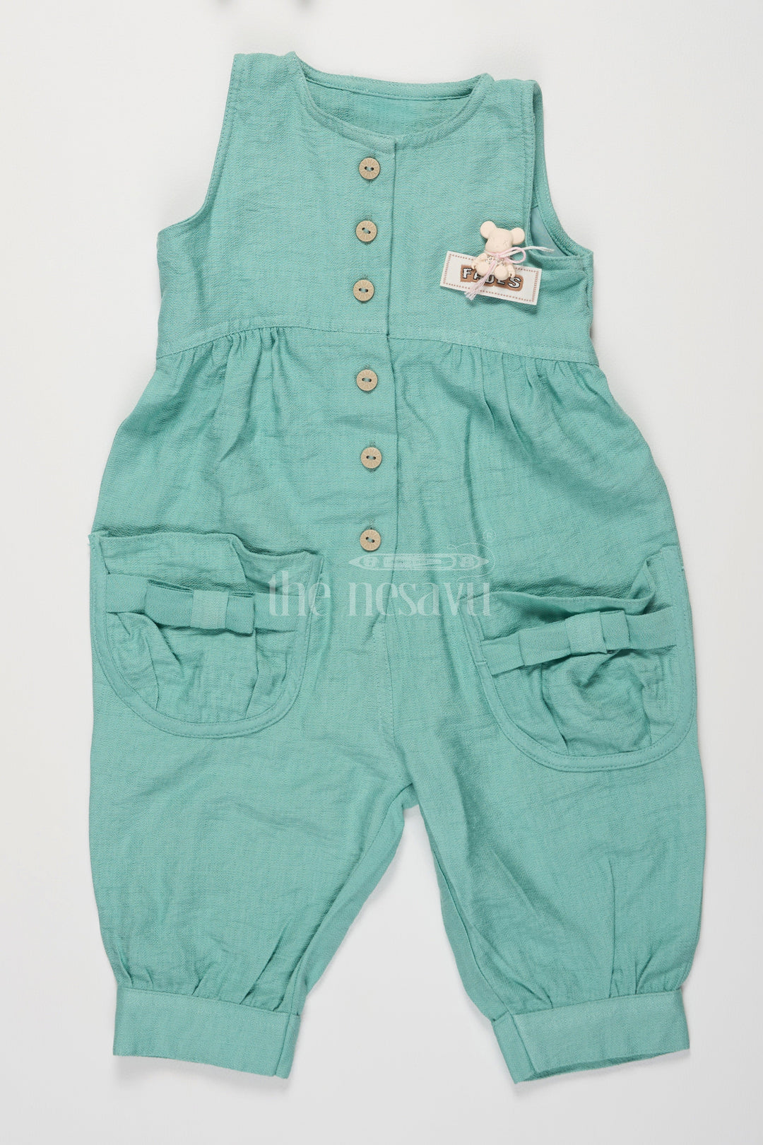 The Nesavu Girls Jumpsuit Green Button-Down Girls Jumpsuit with Front Bow Pockets for Playful Wear Nesavu 16 (1Y) / Green GFC1421B-16 Nesavu Green Girls Jumpsuit Button-Down Design Bow Pockets Everyday Fun