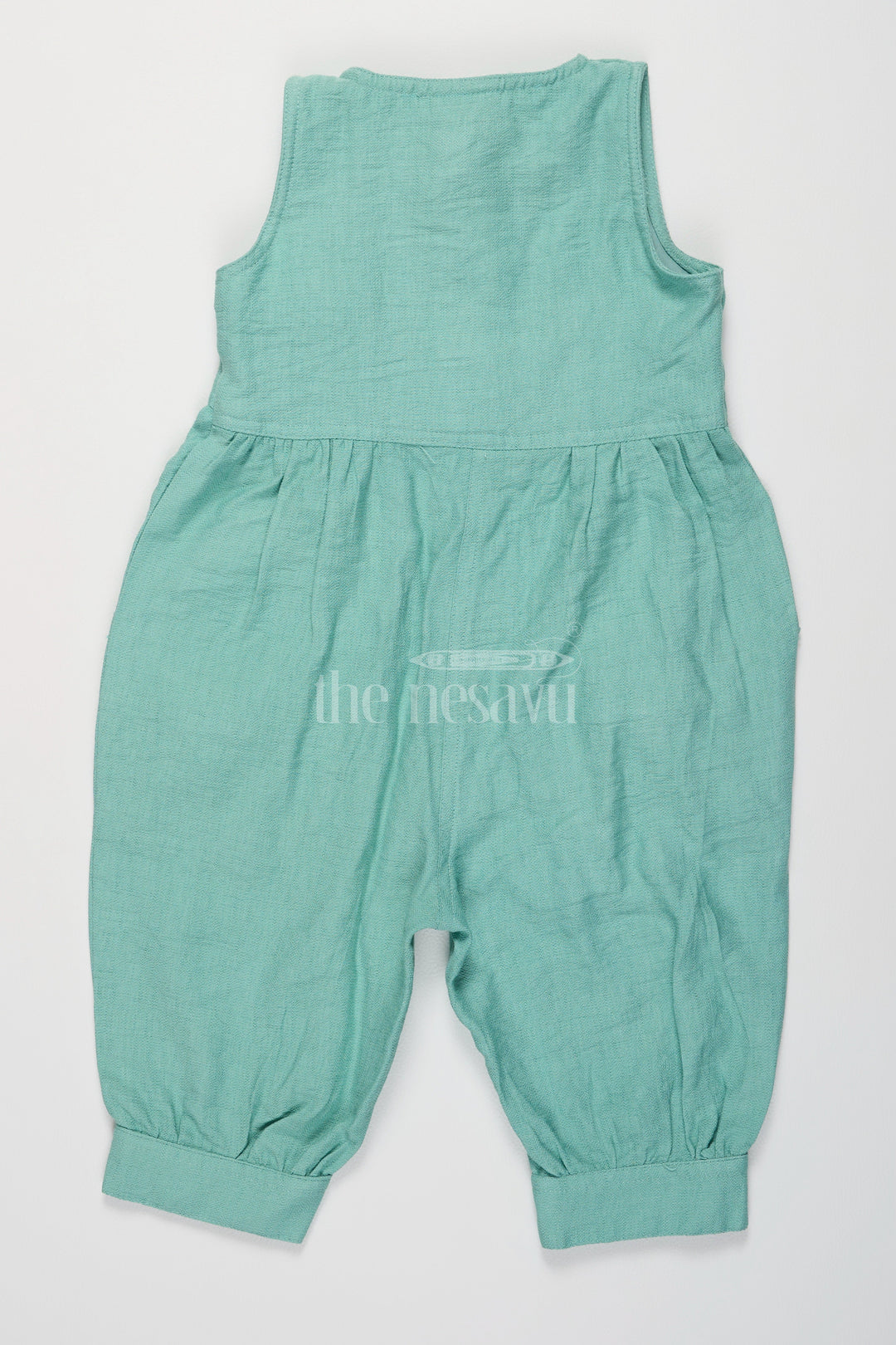 The Nesavu Girls Jumpsuit Green Button-Down Girls Jumpsuit with Front Bow Pockets for Playful Wear Nesavu Nesavu Green Girls Jumpsuit Button-Down Design Bow Pockets Everyday Fun