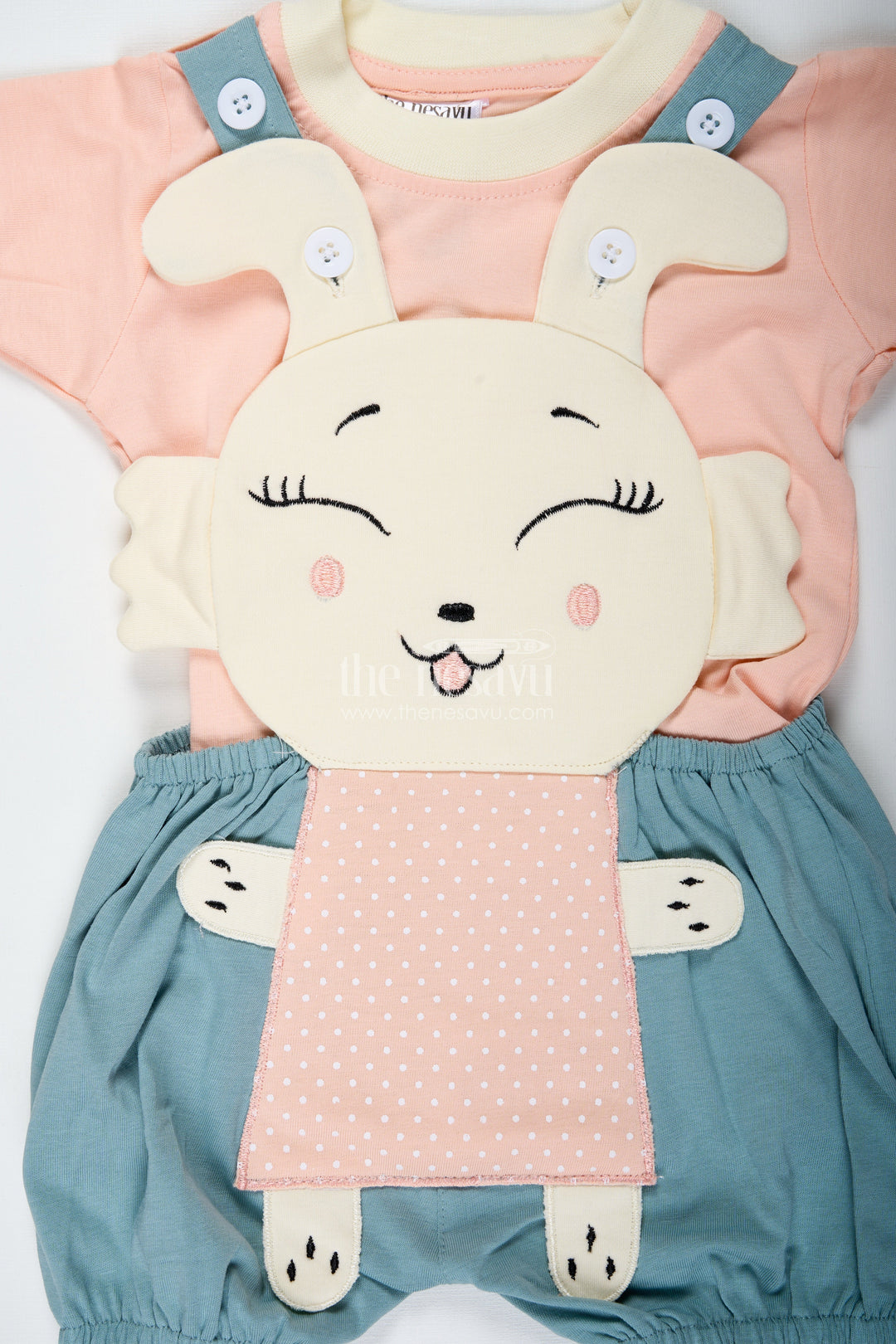 The Nesavu Boys Casual Set Green Casual Dress Set for Boys in Cotton with Playful Bunny Applique and Contrast Peach Tee Nesavu Nesavu Green Casual Dress Set Boys Cotton Bunny Applique Peach Tee