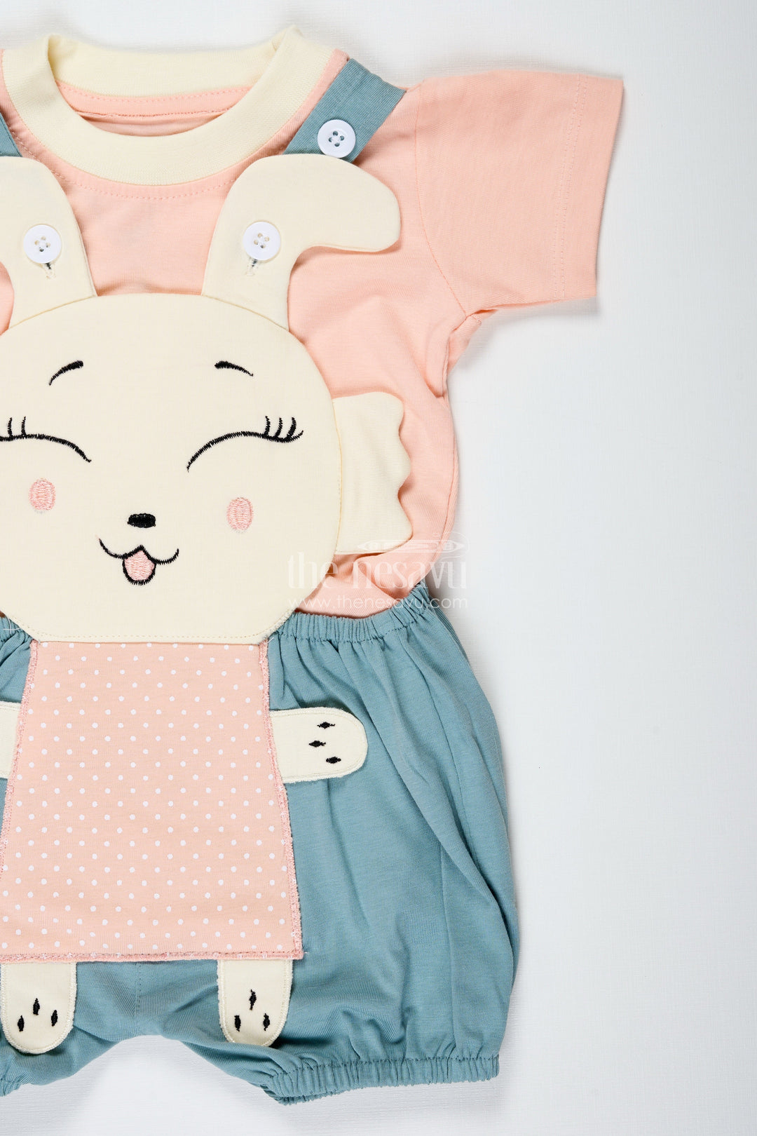 The Nesavu Boys Casual Set Green Casual Dress Set for Boys in Cotton with Playful Bunny Applique and Contrast Peach Tee Nesavu Nesavu Green Casual Dress Set Boys Cotton Bunny Applique Peach Tee