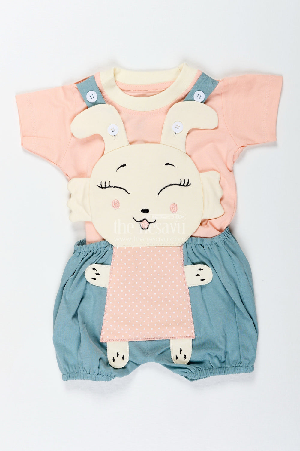 The Nesavu Boys Casual Set Green Casual Dress Set for Boys in Cotton with Playful Bunny Applique and Contrast Peach Tee Nesavu Nesavu Green Casual Dress Set Boys Cotton Bunny Applique Peach Tee