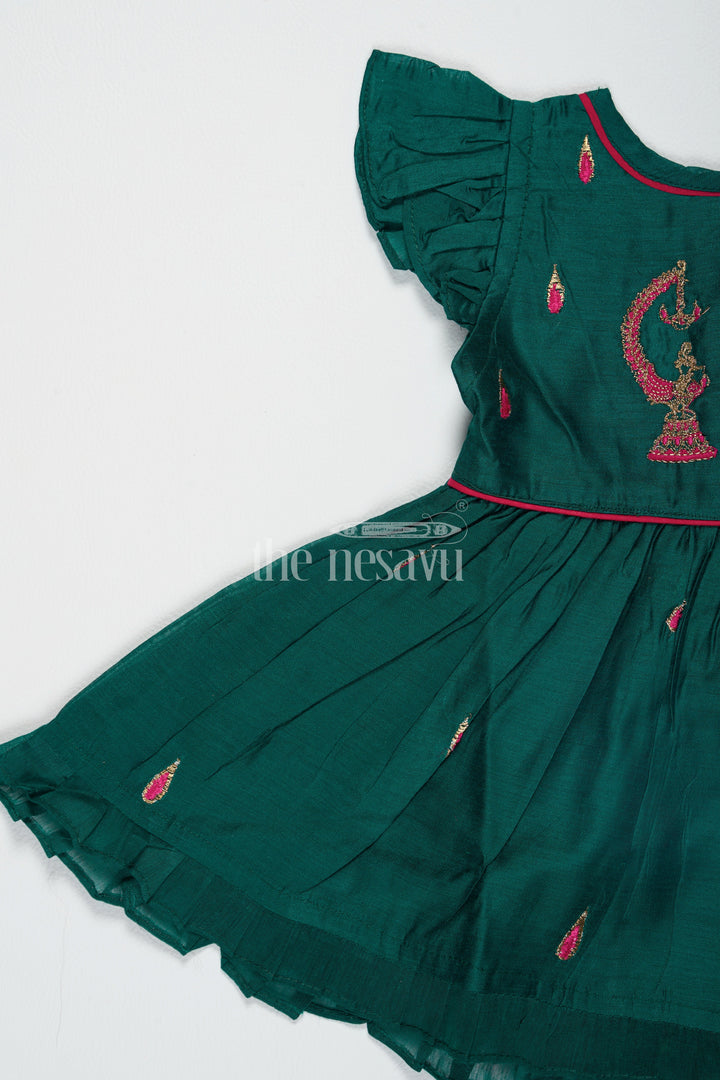 The Nesavu Girls Cotton Frock Green Chanderi Cotton Frock with Earring Embroidery for Girls – Traditional Attire for Festive Occasions Nesavu Green Chanderi Cotton Frock Earring Embroidery Girls Traditional Festive Dress Nesavu