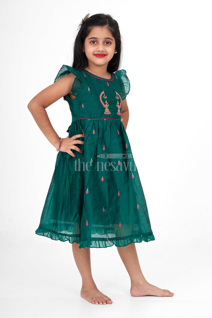 The Nesavu Girls Cotton Frock Green Chanderi Cotton Frock with Earring Embroidery for Girls – Traditional Attire for Festive Occasions Nesavu Green Chanderi Cotton Frock Earring Embroidery Girls Traditional Festive Dress Nesavu