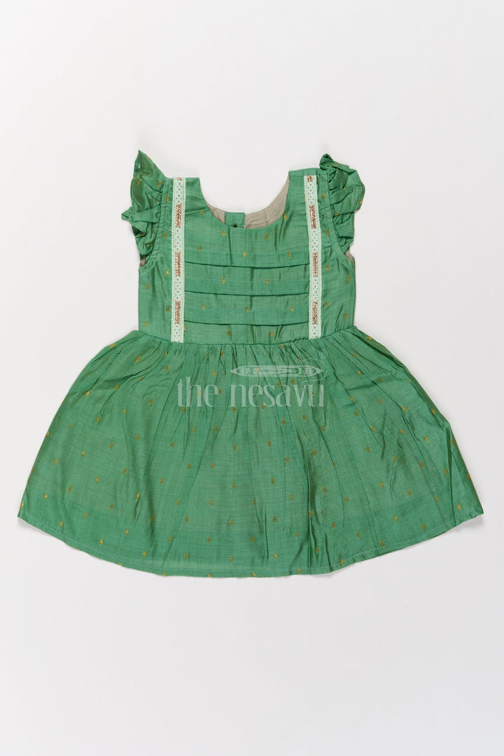 The Nesavu Girls Cotton Frock Green Chanderi Cotton Midi Frock for Girls with Lace Accents Stylish Festive Wear Nesavu 16 (1Y) / Green GFC1476E-16 Nesavu Green Chanderi Cotton Midi Frock Girls Pleats Lace Details