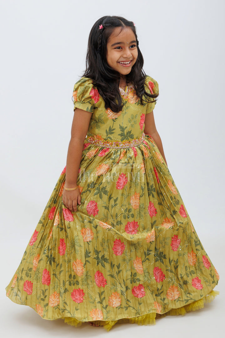 The Nesavu Girls Party Gown Green Chinon Print Long Gown with Floral Design Nesavu 24 (5Y) / Green GA242A-24 Green Chinon Print Long Gown with Floral Design - Nesavu