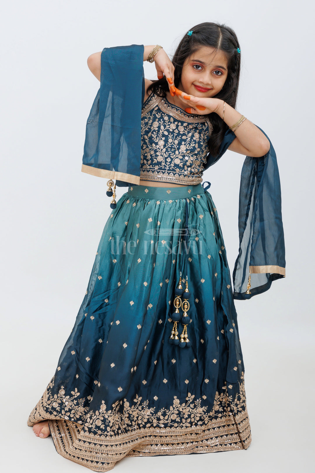 The Nesavu Girls Lehenga Choli Green Chinon Silk Partywear Lehenga Choli with Butta Design Nesavu 24 (5Y) / Green GL466A-24 Green Chinon Silk Partywear Lehenga Choli with Butta Design - Nesavu