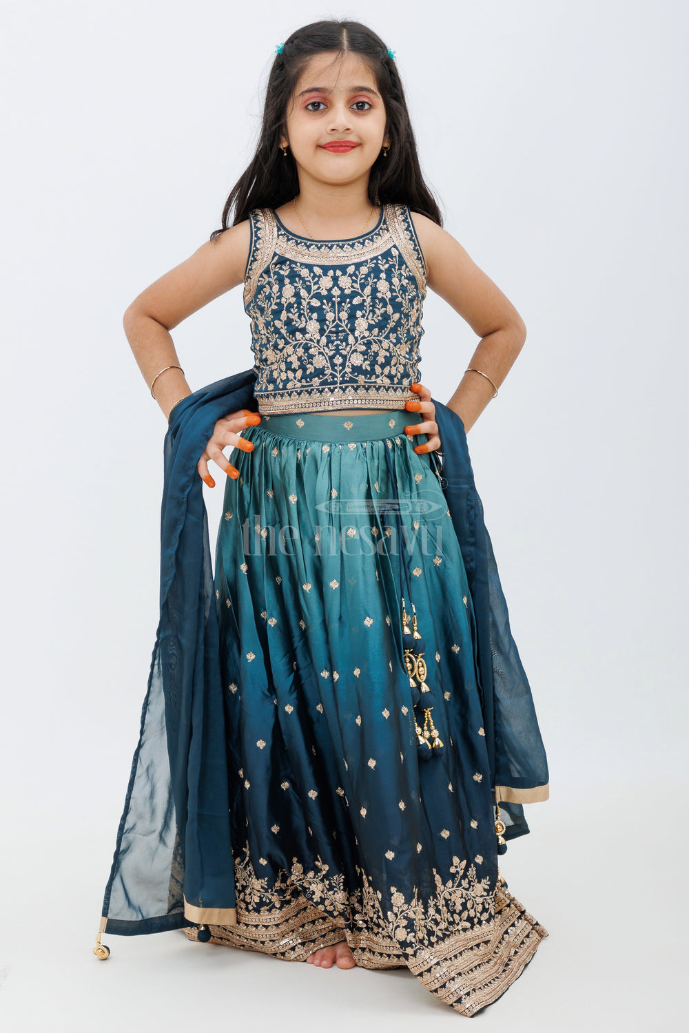 The Nesavu Girls Lehenga Choli Green Chinon Silk Partywear Lehenga Choli with Butta Design Nesavu Green Chinon Silk Partywear Lehenga Choli with Butta Design - Nesavu