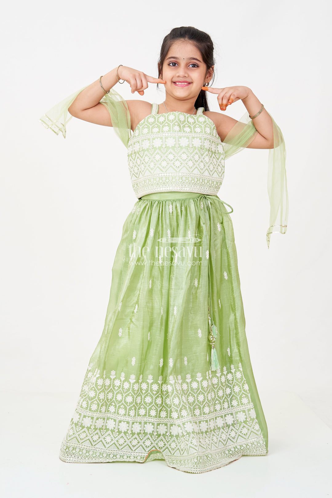 The Nesavu Girls Ethnic Lehenga Green Color Lehenga Choli for Girls in Organza with Embroidered Yoke and Tassel Detail Nesavu 16 (1Y) / Green GL632A-16 Nesavu Green Color Girls Lehenga Choli Organza Thread Embroidery Dupatta