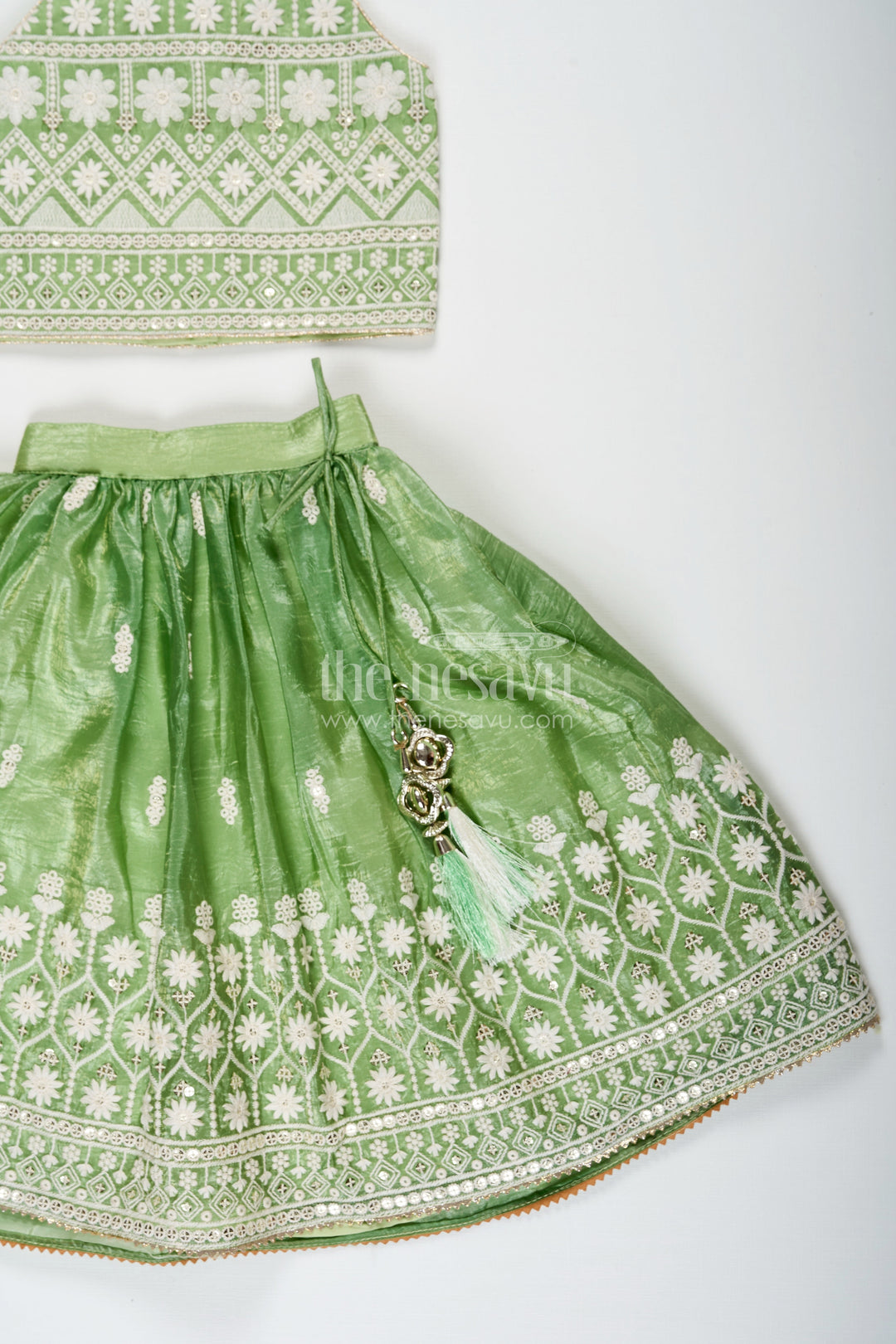 The Nesavu Girls Ethnic Lehenga Green Color Lehenga Choli for Girls in Organza with Embroidered Yoke and Tassel Detail Nesavu Green Color Girls Lehenga Choli Organza Thread Embroidery Dupatta | The Nesavu