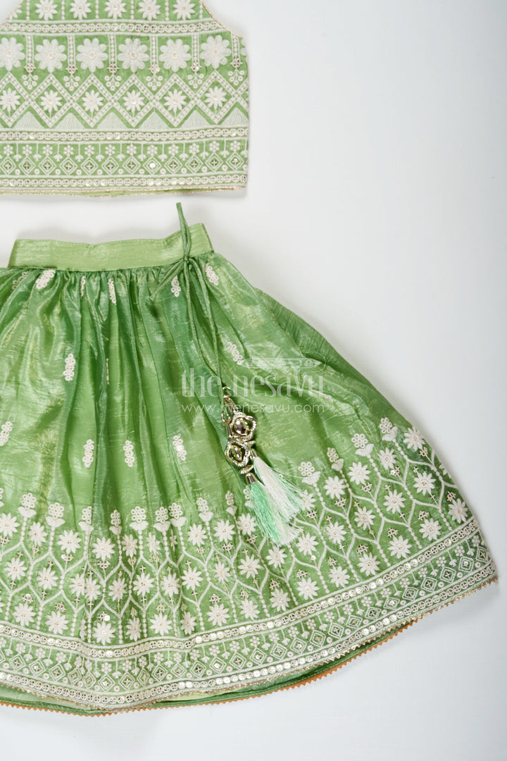 The Nesavu Girls Ethnic Lehenga Green Color Lehenga Choli for Girls in Organza with Embroidered Yoke and Tassel Detail Nesavu Green Color Girls Lehenga Choli Organza Thread Embroidery Dupatta | The Nesavu