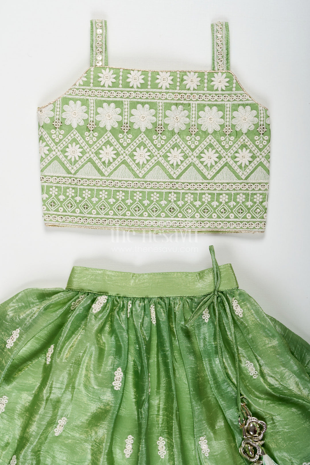 The Nesavu Girls Ethnic Lehenga Green Color Lehenga Choli for Girls in Organza with Embroidered Yoke and Tassel Detail Nesavu Green Color Girls Lehenga Choli Organza Thread Embroidery Dupatta | The Nesavu