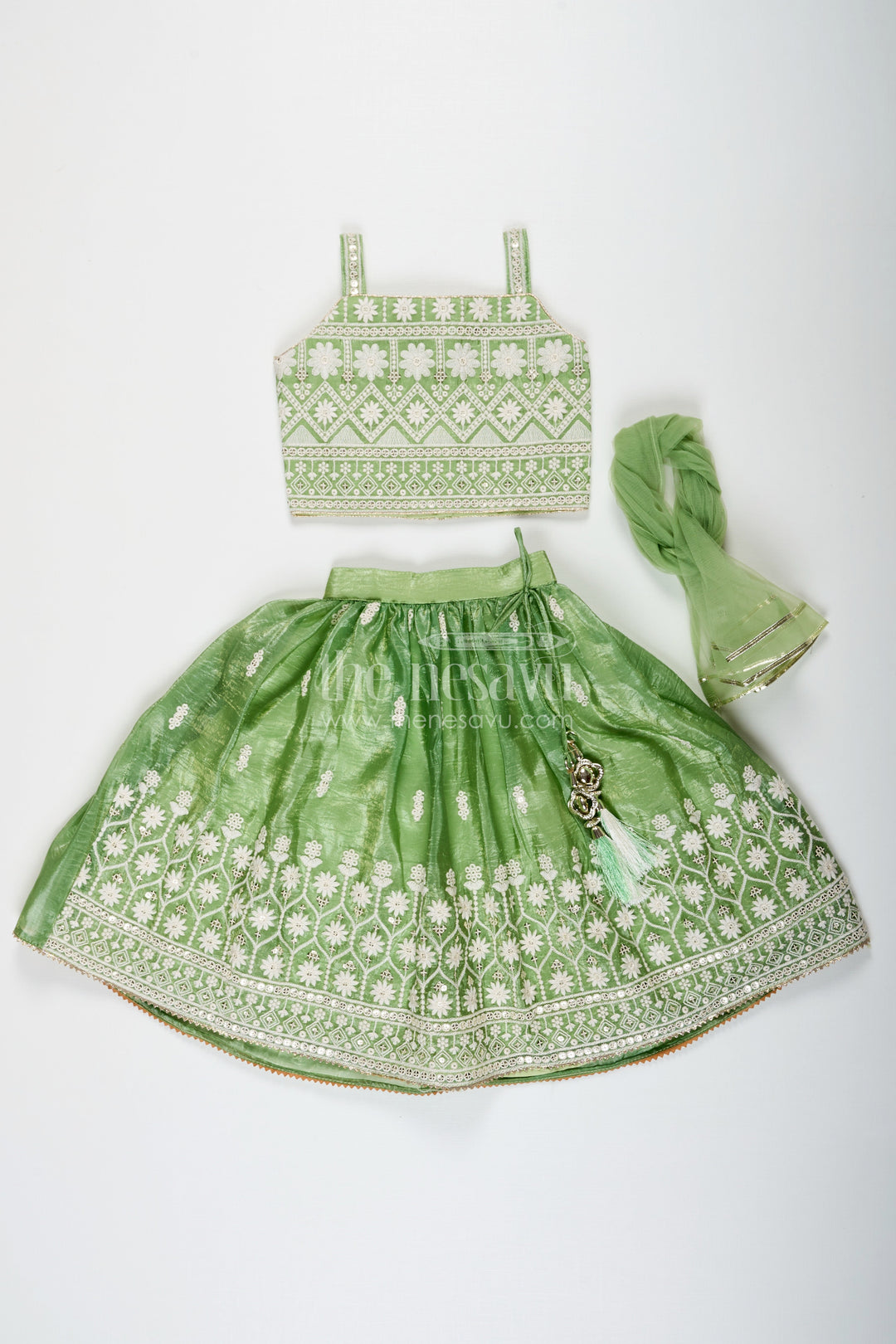 The Nesavu Girls Ethnic Lehenga Green Color Lehenga Choli for Girls in Organza with Embroidered Yoke and Tassel Detail Nesavu Green Color Girls Lehenga Choli Organza Thread Embroidery Dupatta | The Nesavu