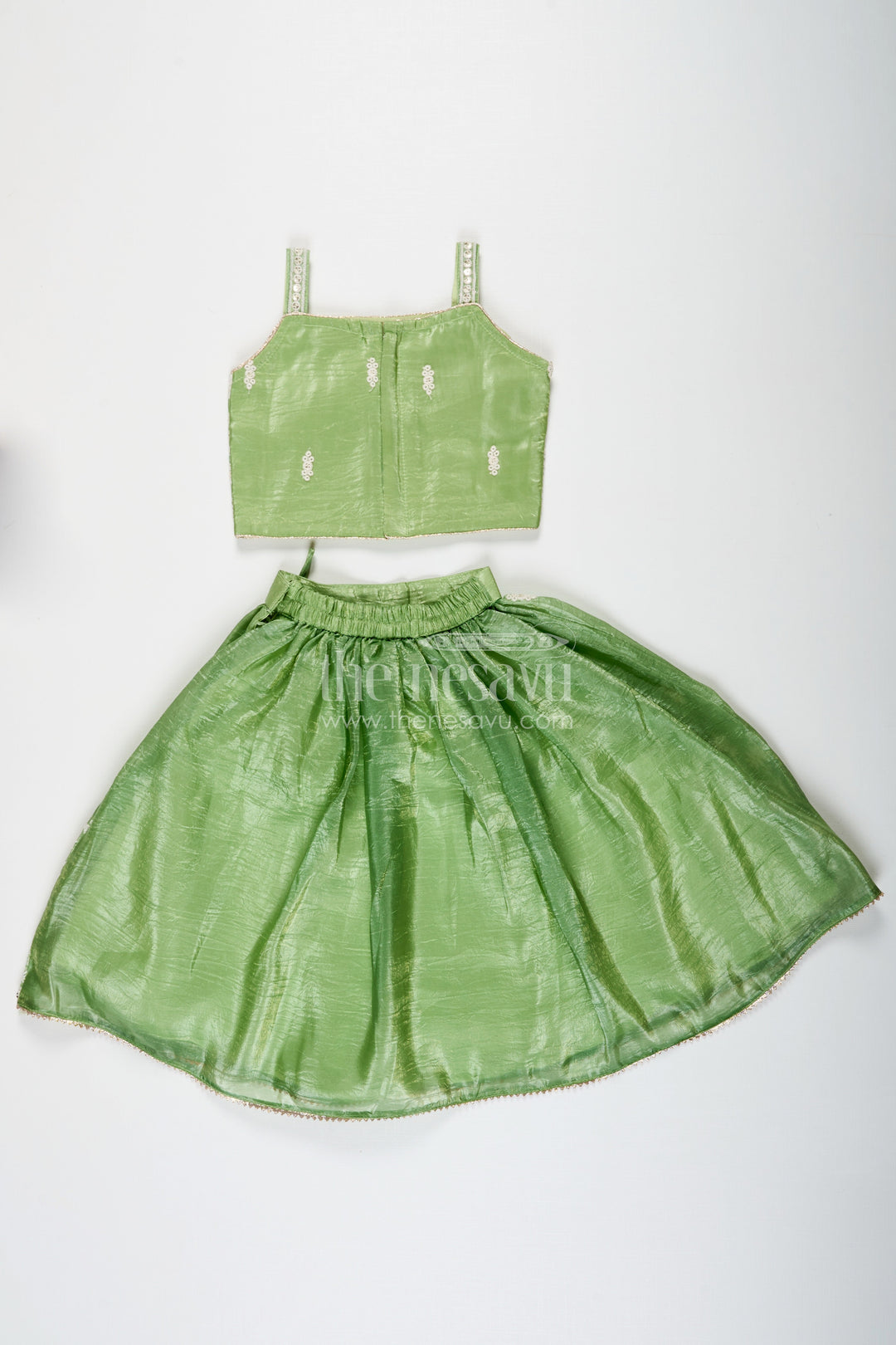 The Nesavu Girls Ethnic Lehenga Green Color Lehenga Choli for Girls in Organza with Embroidered Yoke and Tassel Detail Nesavu Nesavu Green Color Girls Lehenga Choli Organza Thread Embroidery Dupatta