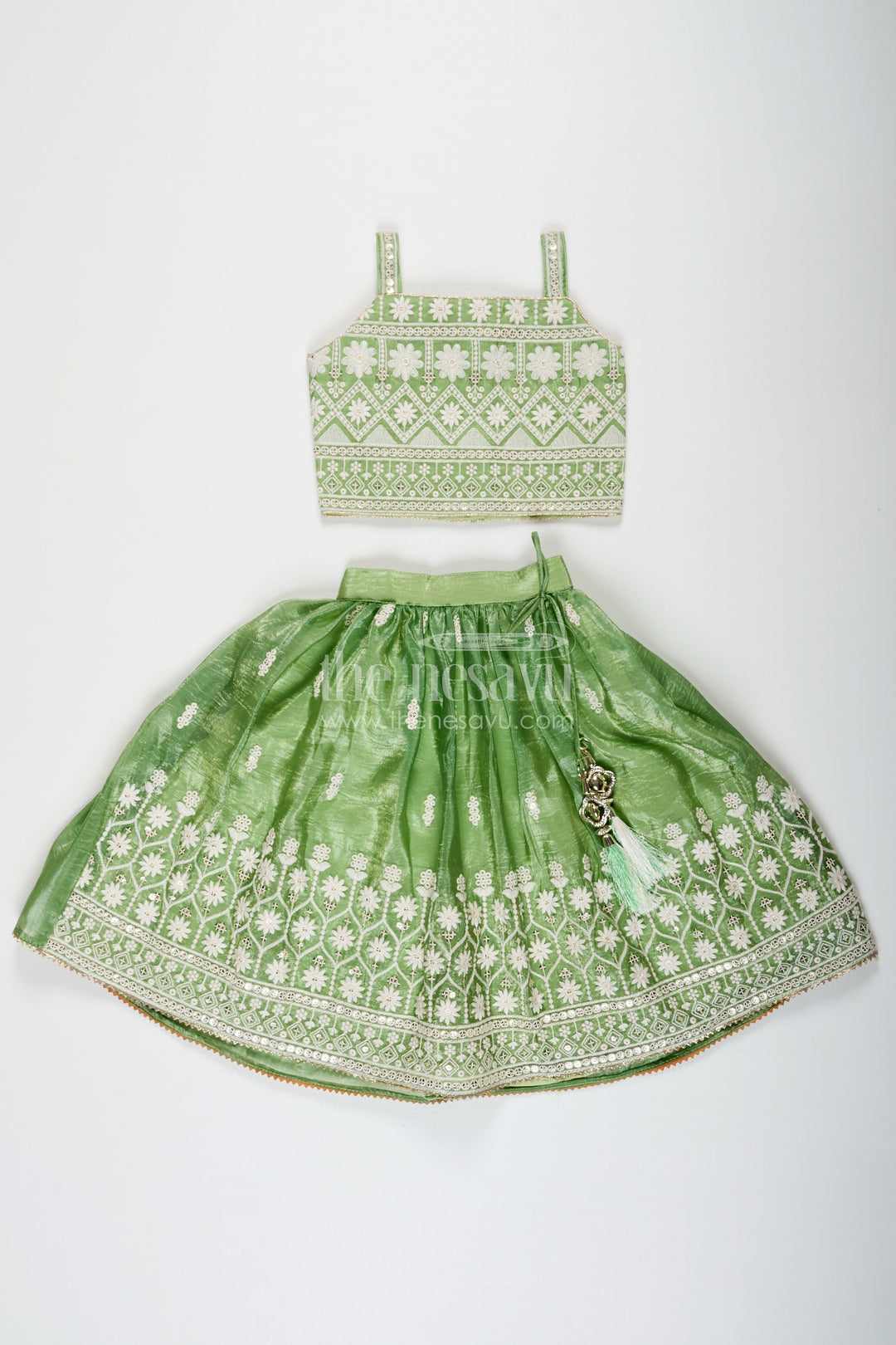 The Nesavu Girls Ethnic Lehenga Green Color Lehenga Choli for Girls in Organza with Embroidered Yoke and Tassel Detail Nesavu Nesavu Green Color Girls Lehenga Choli Organza Thread Embroidery Dupatta