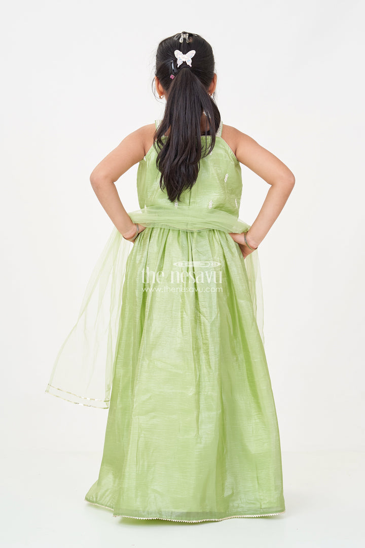 The Nesavu Girls Ethnic Lehenga Green Color Lehenga Choli for Girls in Organza with Embroidered Yoke and Tassel Detail Nesavu Nesavu Green Color Girls Lehenga Choli Organza Thread Embroidery Dupatta