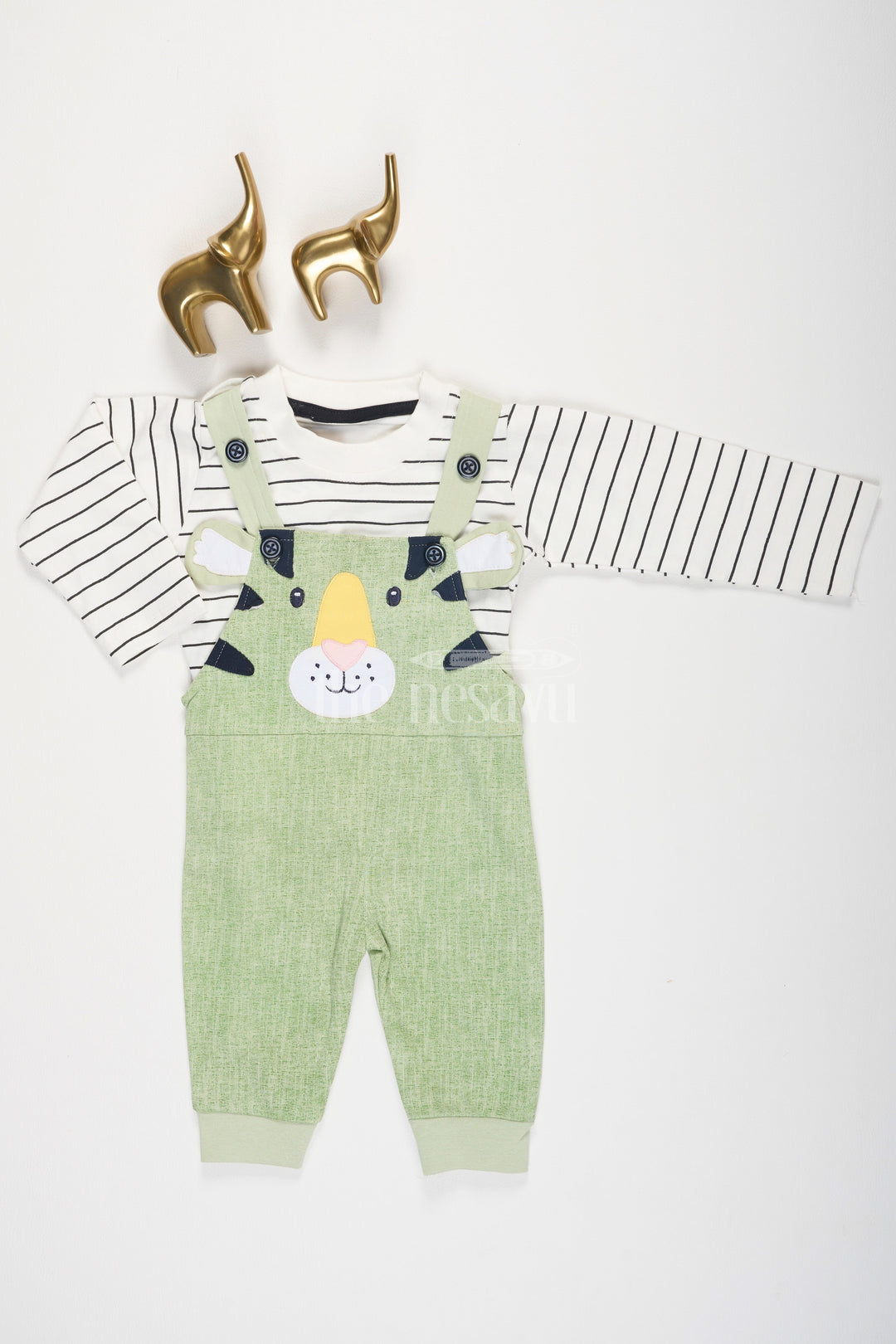 The Nesavu Baby Dungarees Green Cotton Baby Dungarees with Adorable Animal Face and Striped Top for Boys Nesavu 12 (3M) / Green BCS135B-12 Green Cotton Baby Dungarees Striped Long-Sleeve Top Animal Face Nesavu Boys Collection