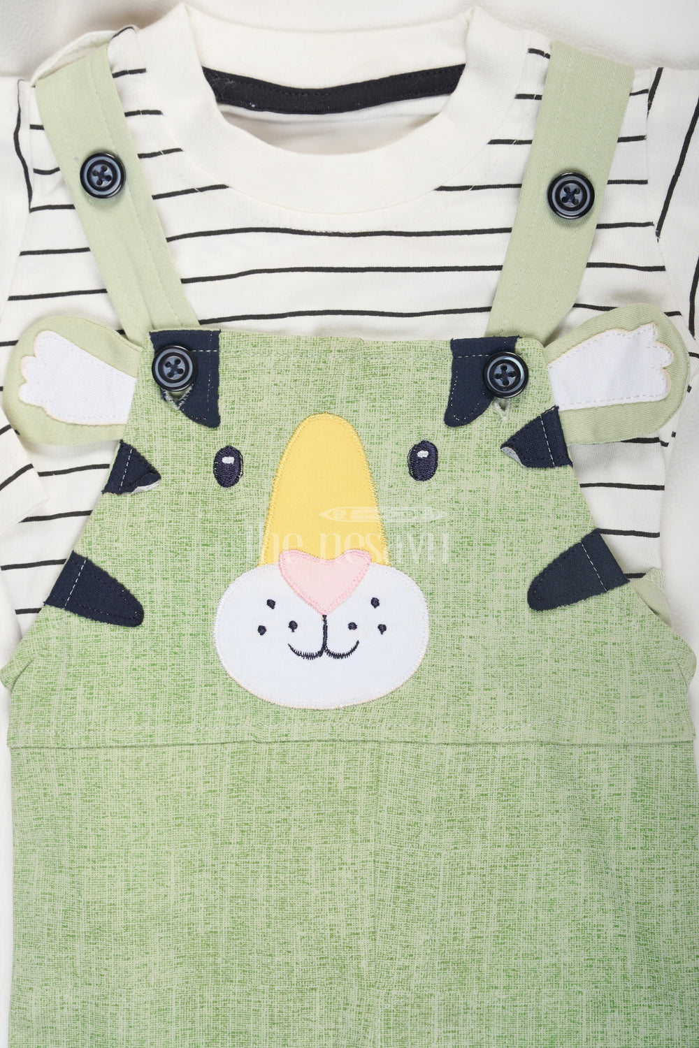 The Nesavu Baby Dungarees Green Cotton Baby Dungarees with Adorable Animal Face and Striped Top for Boys Nesavu Green Cotton Baby Dungarees Striped Long-Sleeve Top Animal Face Nesavu Boys Collection