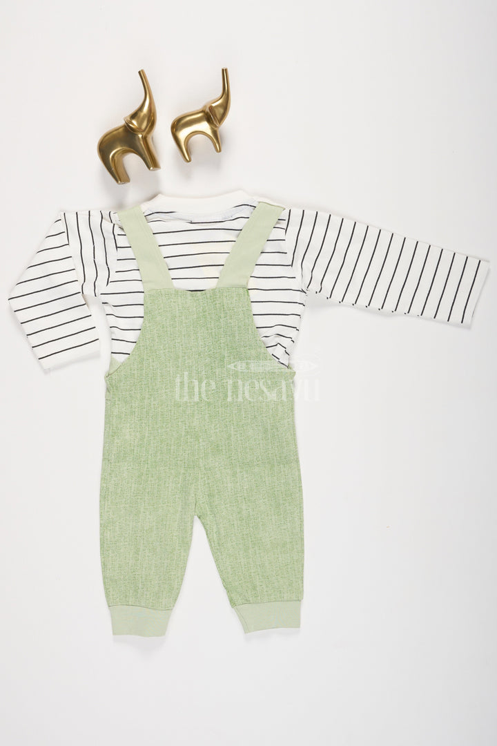 The Nesavu Baby Dungarees Green Cotton Baby Dungarees with Adorable Animal Face and Striped Top for Boys Nesavu Green Cotton Baby Dungarees Striped Long-Sleeve Top Animal Face Nesavu Boys Collection