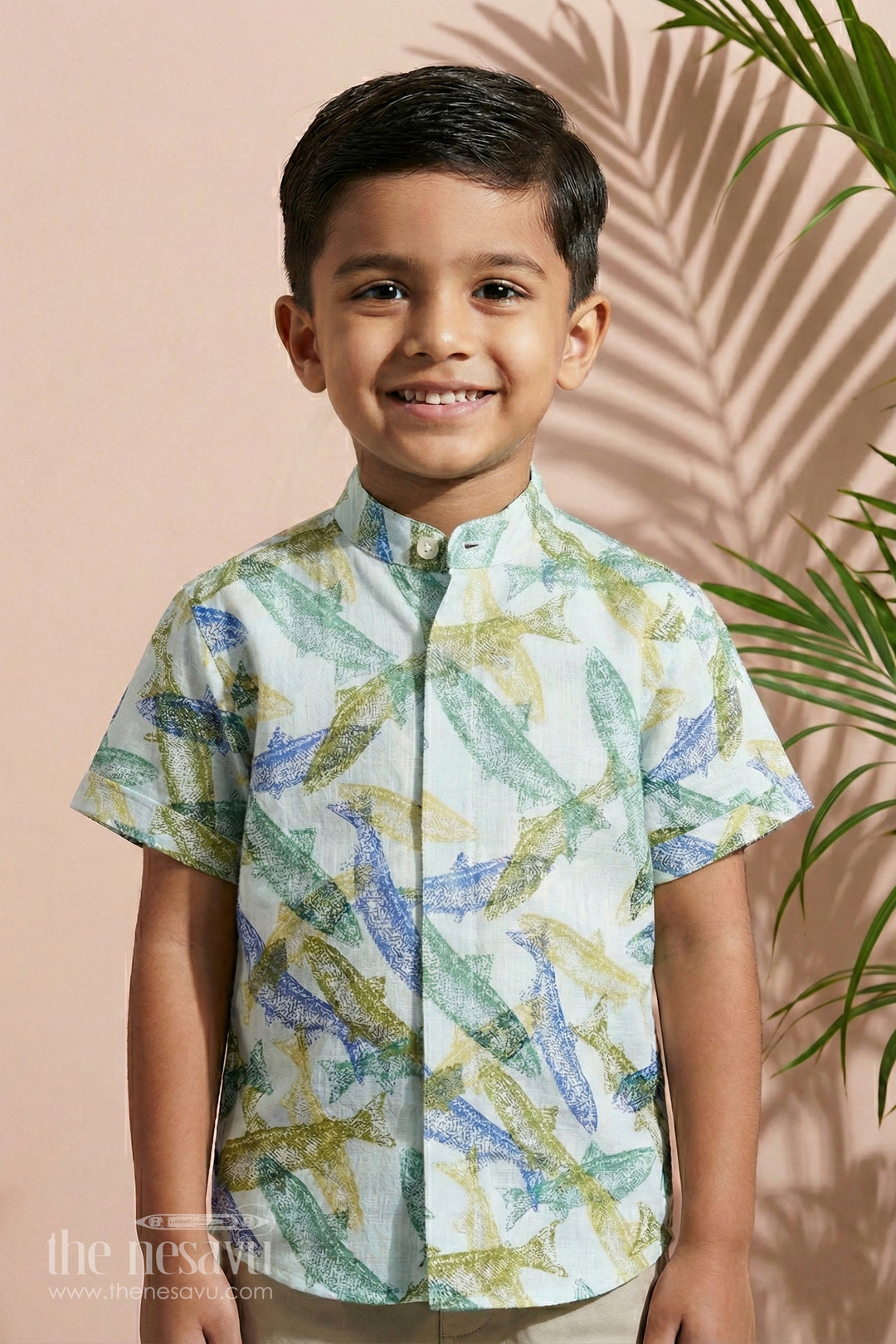 The Nesavu Boys Cotton Shirt Green Cotton Boys Cargo Jeans Shirt with Fish Print Half Sleeves for Casual Wear Nesavu 16 (1Y) / Green BS190A-16 Green Fish Print Boys Cotton Cargo Jeans Shirt Nesavu Half Sleeves Casual Wear Playdates