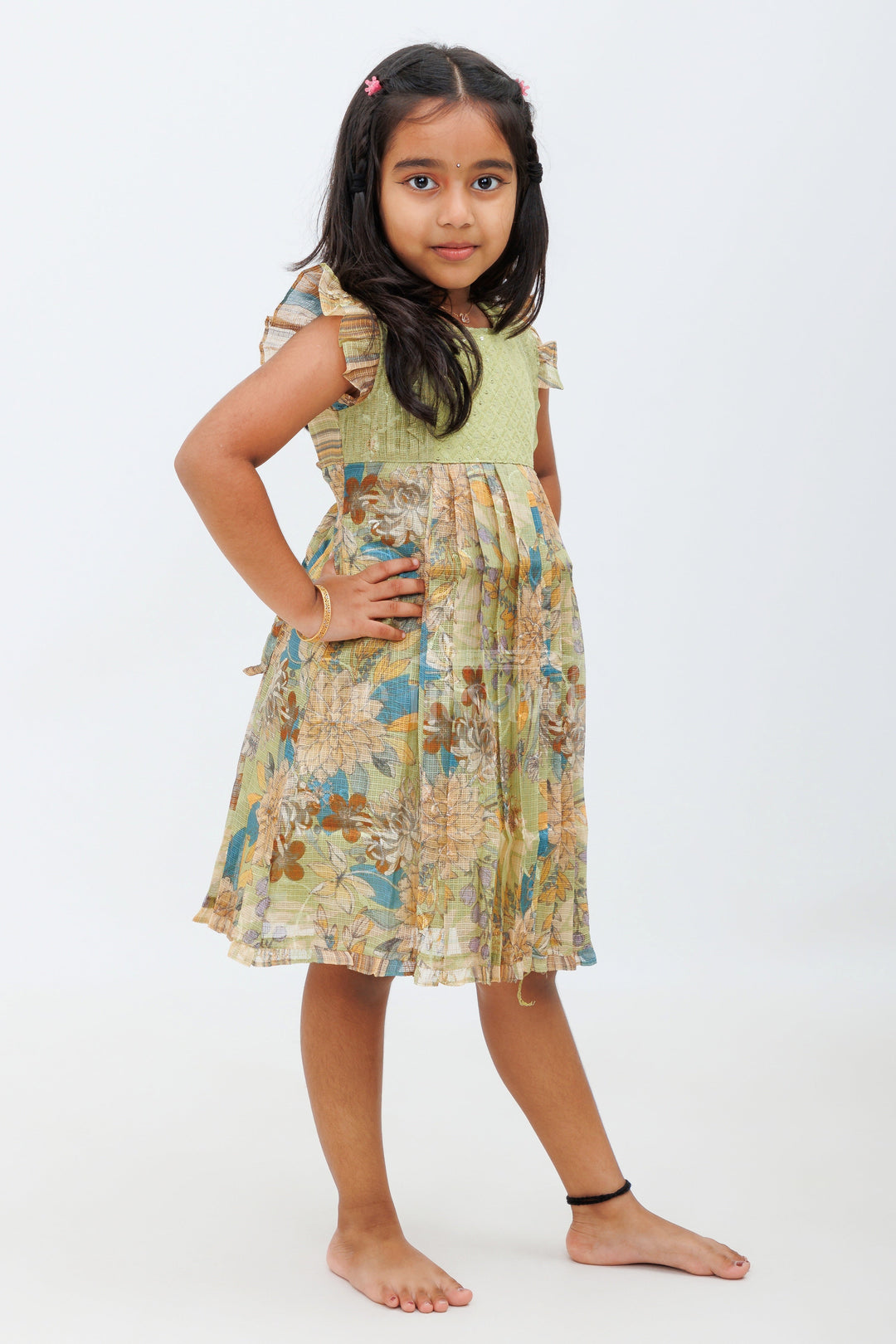 The Nesavu Girls Cotton Frock Green Cotton Frock with Floral Print and Box Pleats Nesavu Green Cotton Frock with Floral Print and Box Pleats - Nesavu