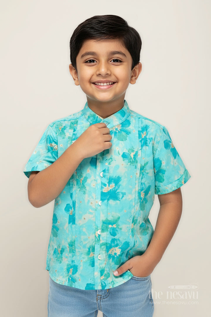 The Nesavu Boys Silk Shirt Green Cotton Shirt for Boys in Moadal Silk with Digital Watercolor Print and Soft Mandarin Collar Nesavu 16 (1Y) / Green BS262D-16 Nesavu Green Cotton Shirt Boys Moadal Silk Watercolor Digital Print Modern Styling