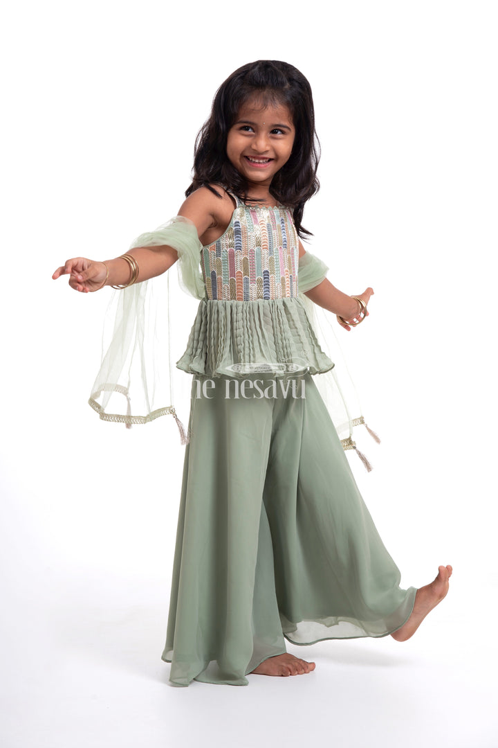 The Nesavu Girls Sharara / Plazo Set Green Crop Top with Plazzo Set for Girls - Designer Embroidered Peplum Blouse & Crush Pleated Pants Nesavu 14 (6M) / Teal GPS329A-14 Green Crop Top with Plazzo Set for Girls - Embroidered Peplum Blouse & Plazzo Pants