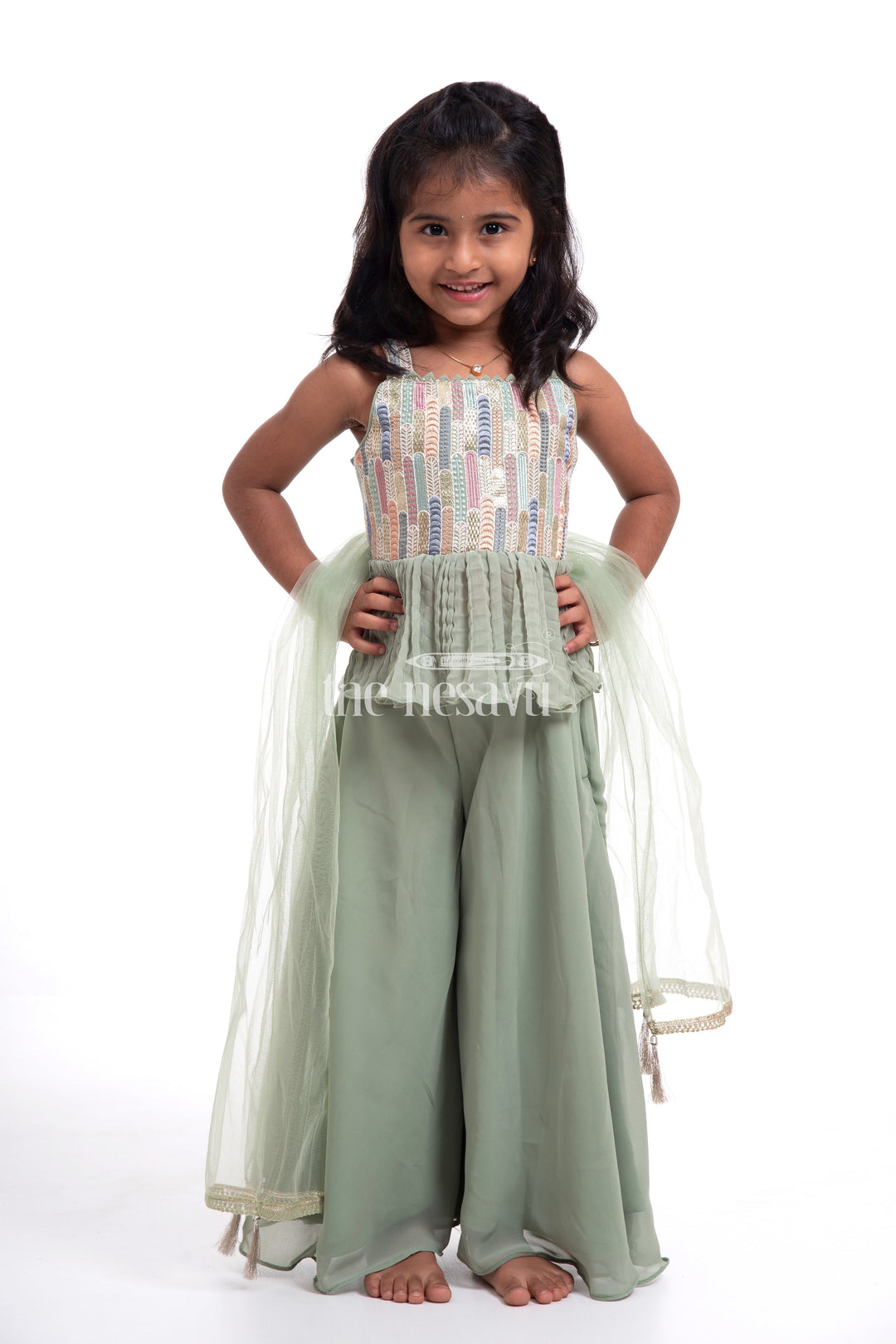 The Nesavu Girls Sharara / Plazo Set Green Crop Top with Plazzo Set for Girls - Designer Embroidered Peplum Blouse & Crush Pleated Pants Nesavu Green Crop Top with Plazzo Set for Girls - Embroidered Peplum Blouse & Plazzo Pants