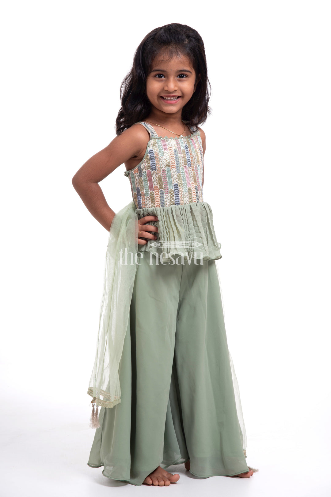 The Nesavu Girls Sharara / Plazo Set Green Crop Top with Plazzo Set for Girls - Designer Embroidered Peplum Blouse & Crush Pleated Pants Nesavu Green Crop Top with Plazzo Set for Girls - Embroidered Peplum Blouse & Plazzo Pants