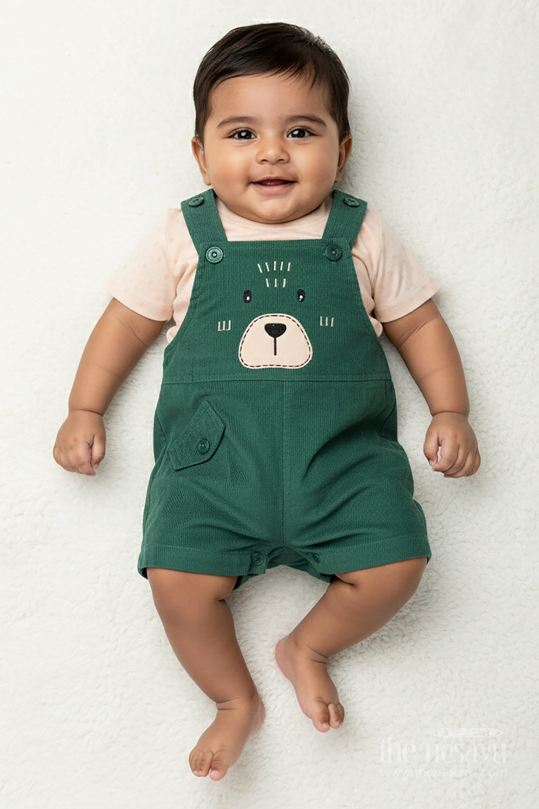 The Nesavu Boys Casual Set Green Dungaree Set for Babies with Bear Face Embroidery and Beige Printed Tee in Corduroy Finish Nesavu 12 (3M) / Green BCS323B-12 Nesavu Green Dungaree Set Babies Bear Embroidered Corduroy Overalls Printed Tee