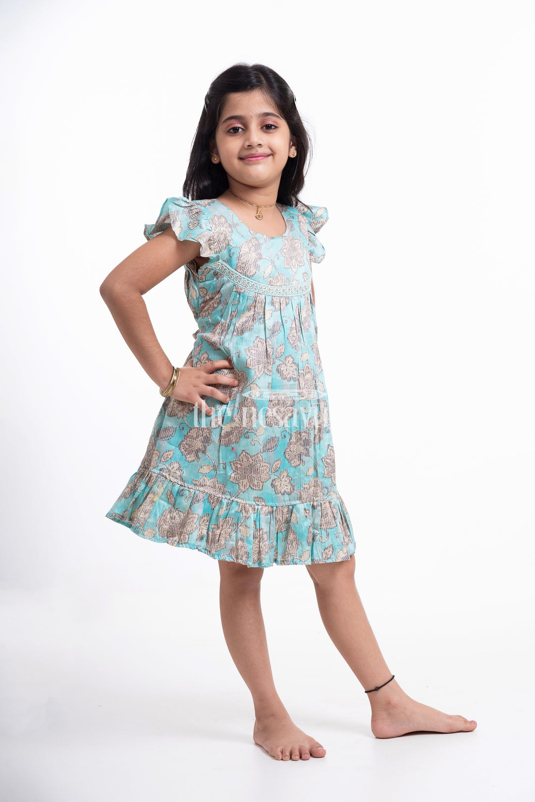 The Nesavu Girls Cotton Frock Green Floral Printed Cotton Frock for Girls Nesavu Green Floral Printed Cotton Frock for Girls - Comfortable & Cute | The Nesavu