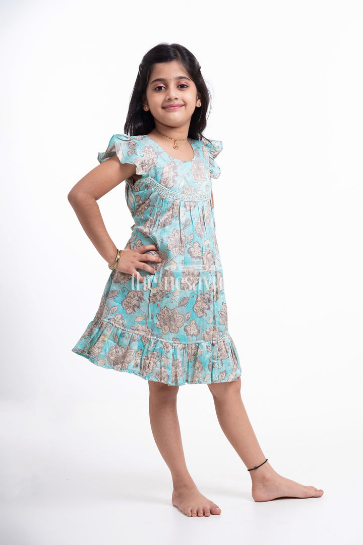 The Nesavu Girls Cotton Frock Green Floral Printed Cotton Frock for Girls Nesavu Green Floral Printed Cotton Frock for Girls - Comfortable & Cute | The Nesavu