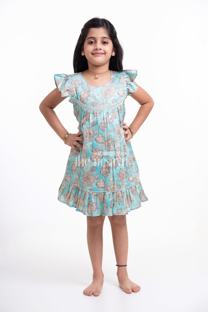 The Nesavu Girls Cotton Frock Green Floral Printed Cotton Frock for Girls Nesavu Green Floral Printed Cotton Frock for Girls - Comfortable & Cute | The Nesavu