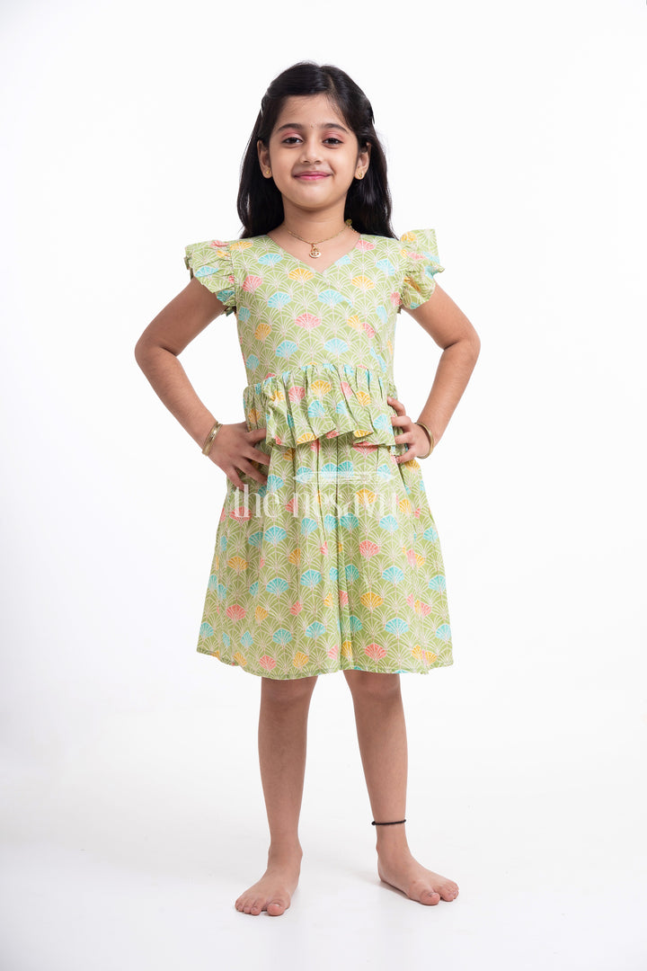 The Nesavu Girls Cotton Frock Green Floral Printed Daily Wear Cotton Frock for Girls Nesavu Green Floral Printed Cotton Frock for Girls - Comfortable & Cute