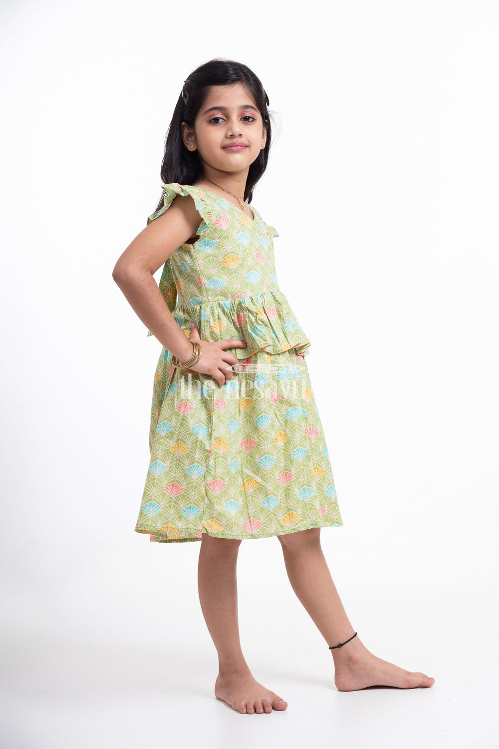 The Nesavu Girls Cotton Frock Green Floral Printed Daily Wear Cotton Frock for Girls Nesavu Green Floral Printed Cotton Frock for Girls - Comfortable & Cute