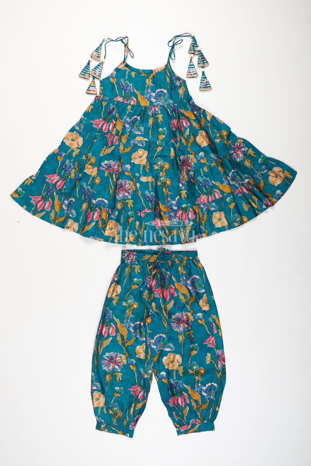 The Nesavu Girls Sharara / Plazo Set Green Floral Sharara Set for Toddler Girls for Ethnic Family Gatherings Nesavu 24 (5Y) / Green GPS816A-24 Nesavu girls green floral cotton sharara set with printed flare kurti for casual festive wear