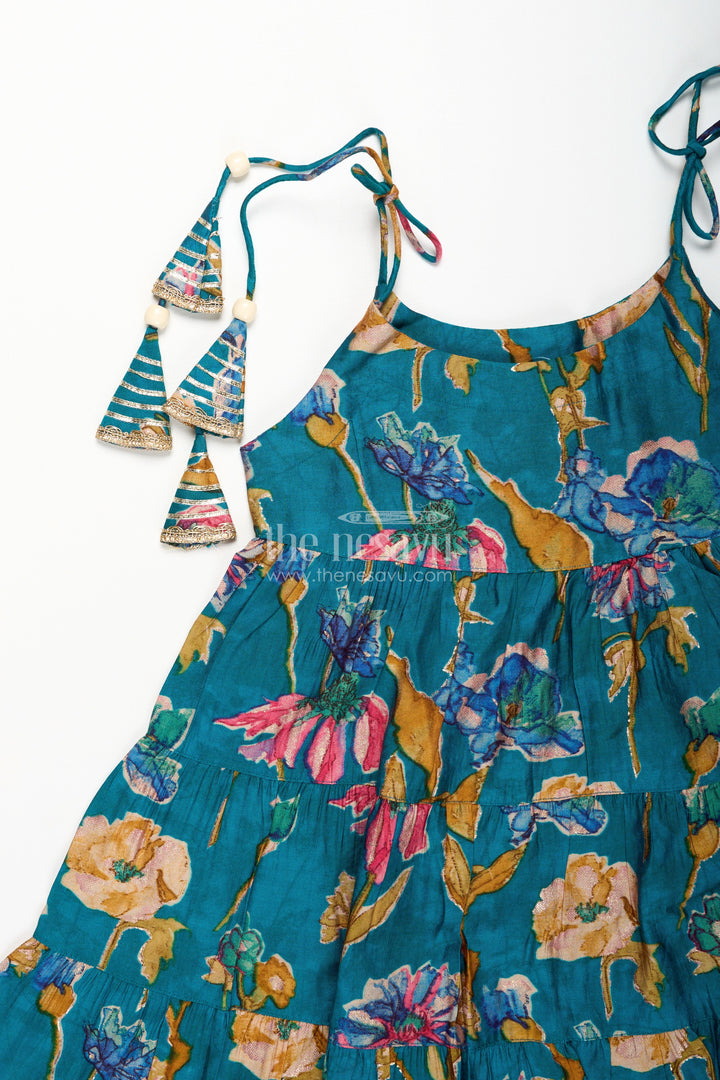 The Nesavu Girls Sharara / Plazo Set Green Floral Sharara Set for Toddler Girls for Ethnic Family Gatherings Nesavu Nesavu girls green floral cotton sharara set with printed flare kurti for casual festive wear