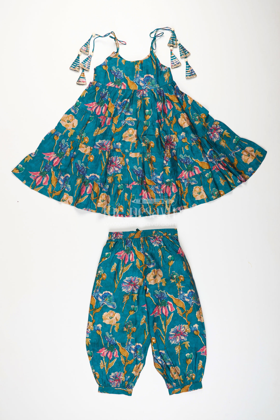 The Nesavu Girls Sharara / Plazo Set Green Floral Sharara Set for Toddler Girls for Ethnic Family Gatherings Nesavu Nesavu girls green floral cotton sharara set with printed flare kurti for casual festive wear