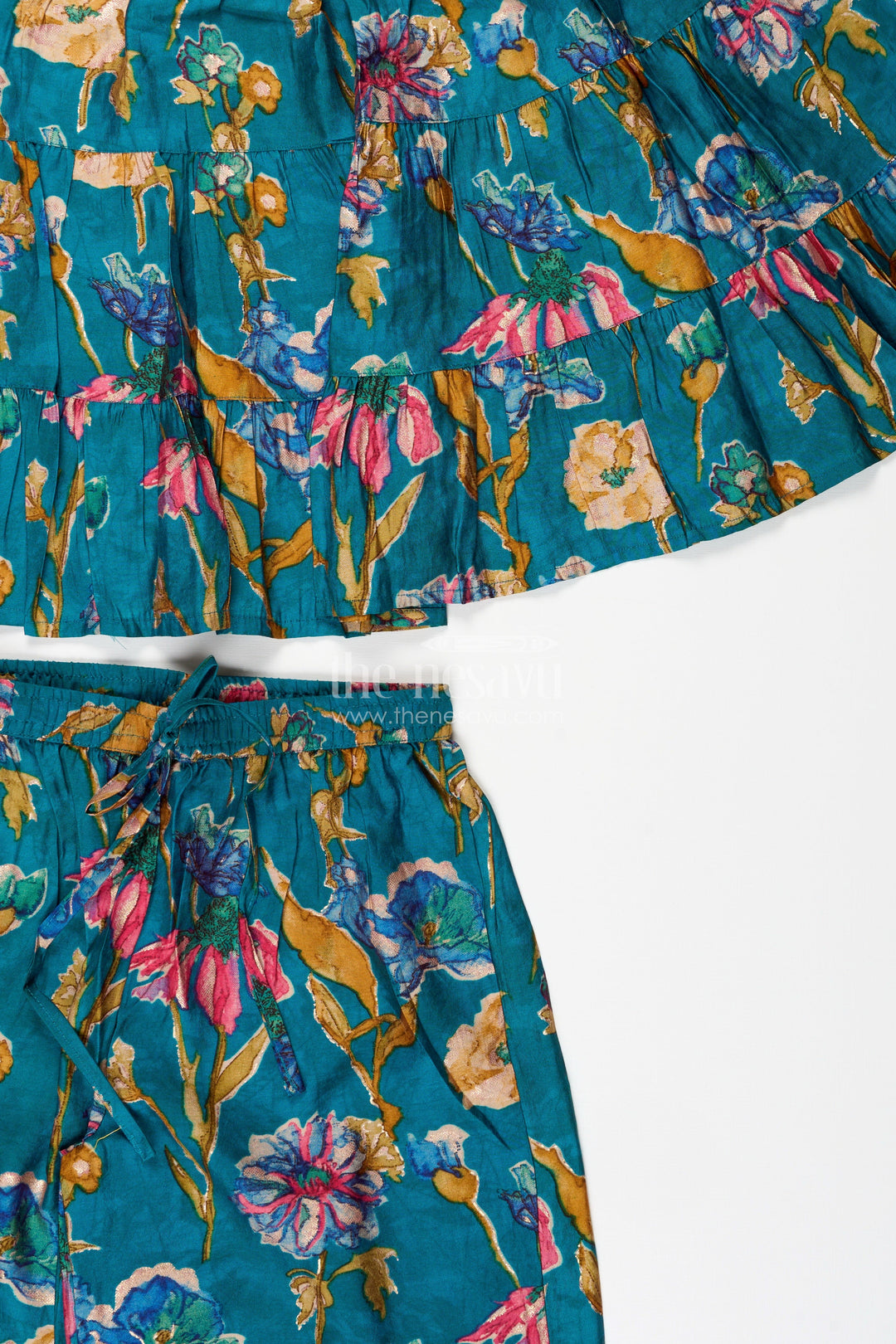 The Nesavu Girls Sharara / Plazo Set Green Floral Sharara Set for Toddler Girls for Ethnic Family Gatherings Nesavu Nesavu girls green floral cotton sharara set with printed flare kurti for casual festive wear