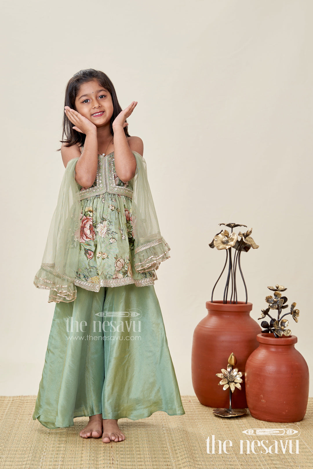 The Nesavu Girls Sharara / Plazo Set Green Floral Sharara Set Viscose Silk with Vibrant Floral Embroidery Nesavu 16 (1Y) / Green GPS730A-16 Nesavu Green Floral Sharara Set Embroidered Yoke Dupatta Festive Occasions