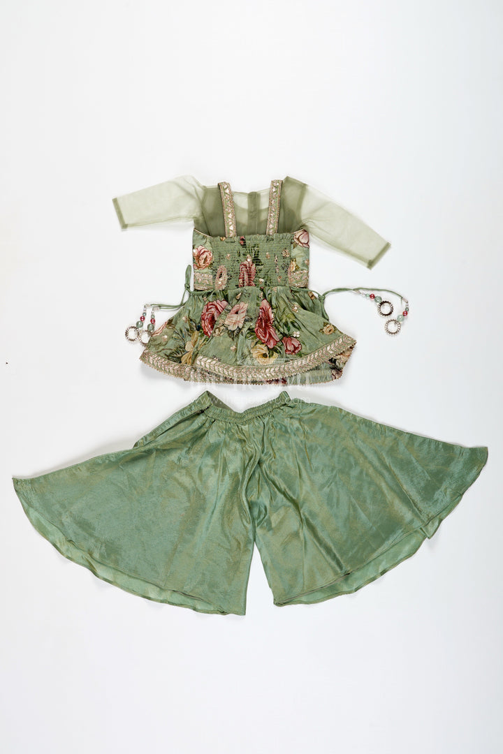 The Nesavu Girls Sharara / Plazo Set Green Floral Sharara Set Viscose Silk with Vibrant Floral Embroidery Nesavu Nesavu Green Floral Sharara Set Embroidered Yoke Dupatta Festive Occasions