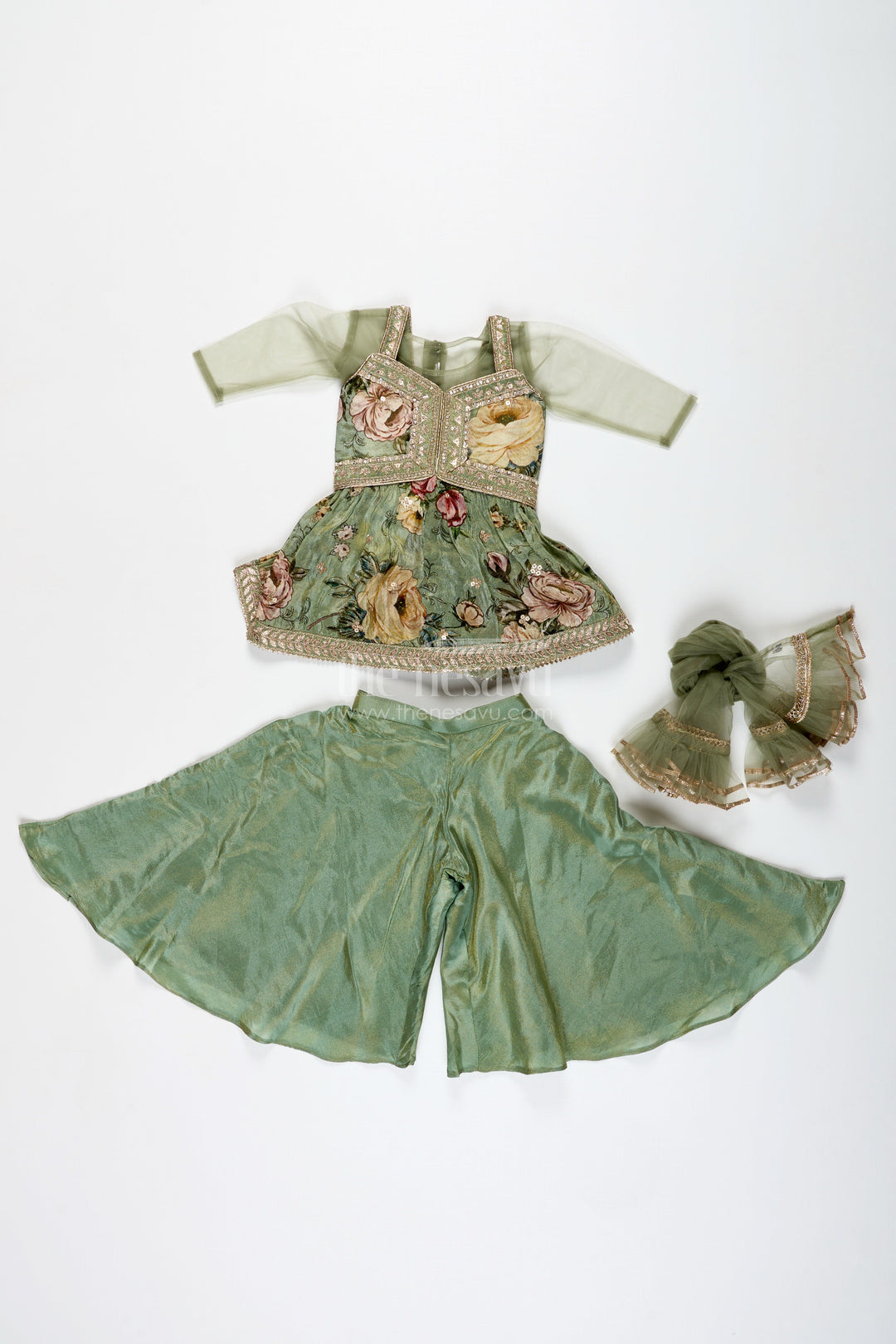 The Nesavu Girls Sharara / Plazo Set Green Floral Sharara Set Viscose Silk with Vibrant Floral Embroidery Nesavu Nesavu Green Floral Sharara Set Embroidered Yoke Dupatta Festive Occasions