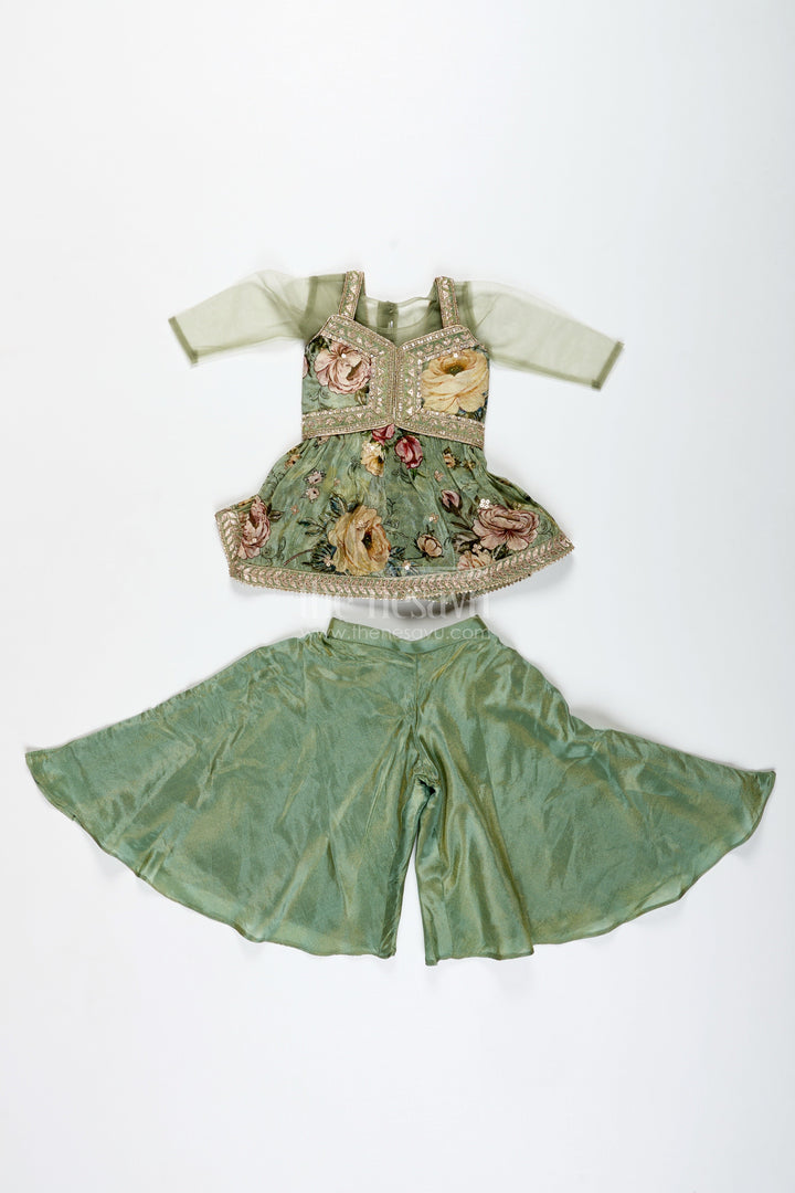 The Nesavu Girls Sharara / Plazo Set Green Floral Sharara Set Viscose Silk with Vibrant Floral Embroidery Nesavu Nesavu Green Floral Sharara Set Embroidered Yoke Dupatta Festive Occasions