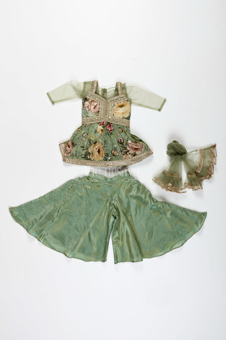 The Nesavu Girls Sharara / Plazo Set Green Floral Sharara Set Viscose Silk with Vibrant Floral Embroidery Nesavu Nesavu Green Floral Sharara Set Embroidered Yoke Dupatta Festive Occasions