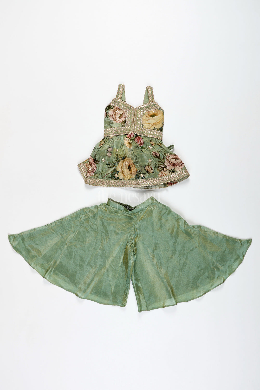 The Nesavu Girls Sharara / Plazo Set Green Floral Sharara Set Viscose Silk with Vibrant Floral Embroidery Nesavu Nesavu Green Floral Sharara Set Embroidered Yoke Dupatta Festive Occasions