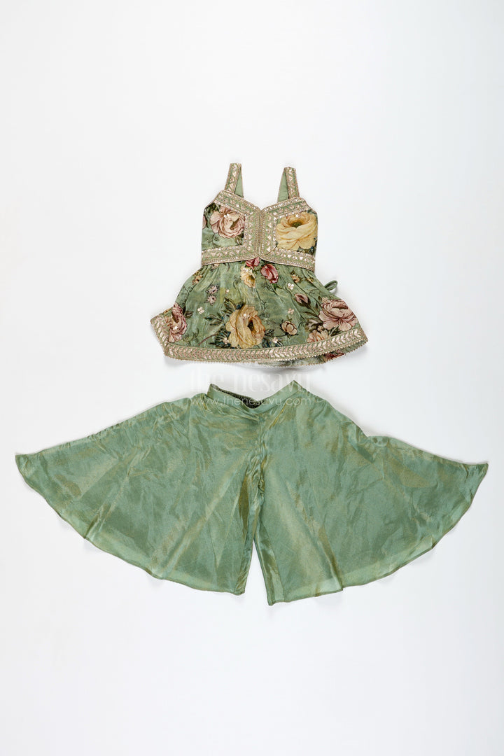 The Nesavu Girls Sharara / Plazo Set Green Floral Sharara Set Viscose Silk with Vibrant Floral Embroidery Nesavu Nesavu Green Floral Sharara Set Embroidered Yoke Dupatta Festive Occasions