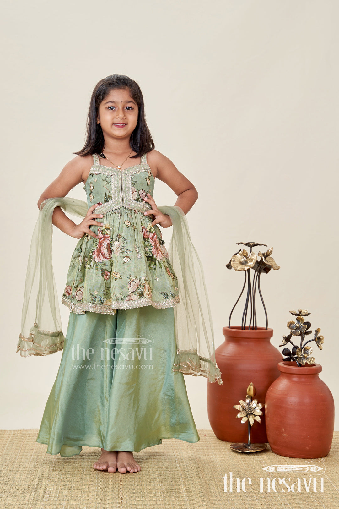 The Nesavu Girls Sharara / Plazo Set Green Floral Sharara Set Viscose Silk with Vibrant Floral Embroidery Nesavu Nesavu Green Floral Sharara Set Embroidered Yoke Dupatta Festive Occasions