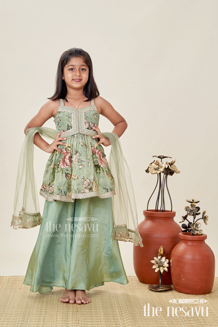 The Nesavu Girls Sharara / Plazo Set Green Floral Sharara Set Viscose Silk with Vibrant Floral Embroidery Nesavu Nesavu Green Floral Sharara Set Embroidered Yoke Dupatta Festive Occasions